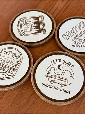 Camping Coaster Set - White & Brown Wood Round Coasters